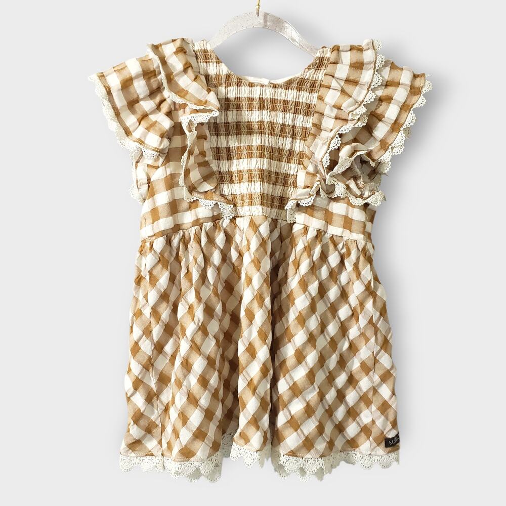 Matilda Jane Enchanted Garden Firefly Flutter Sleeve Top Sz 10 Tan Plaid Cottage
